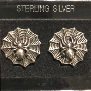 sterling silver oxidised spider & web detailed solid earrings.